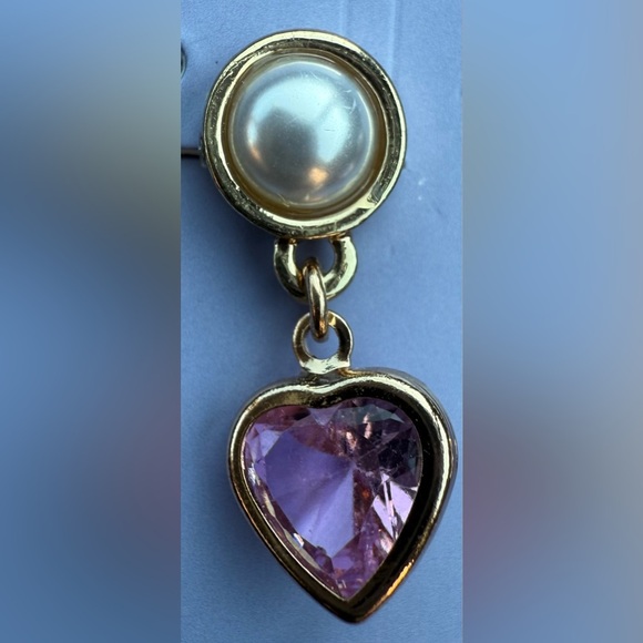 Claire's Gold-tone Faux Pearl and Pink Cubic Zirconia Heart Earrings - Picture 6 of 9